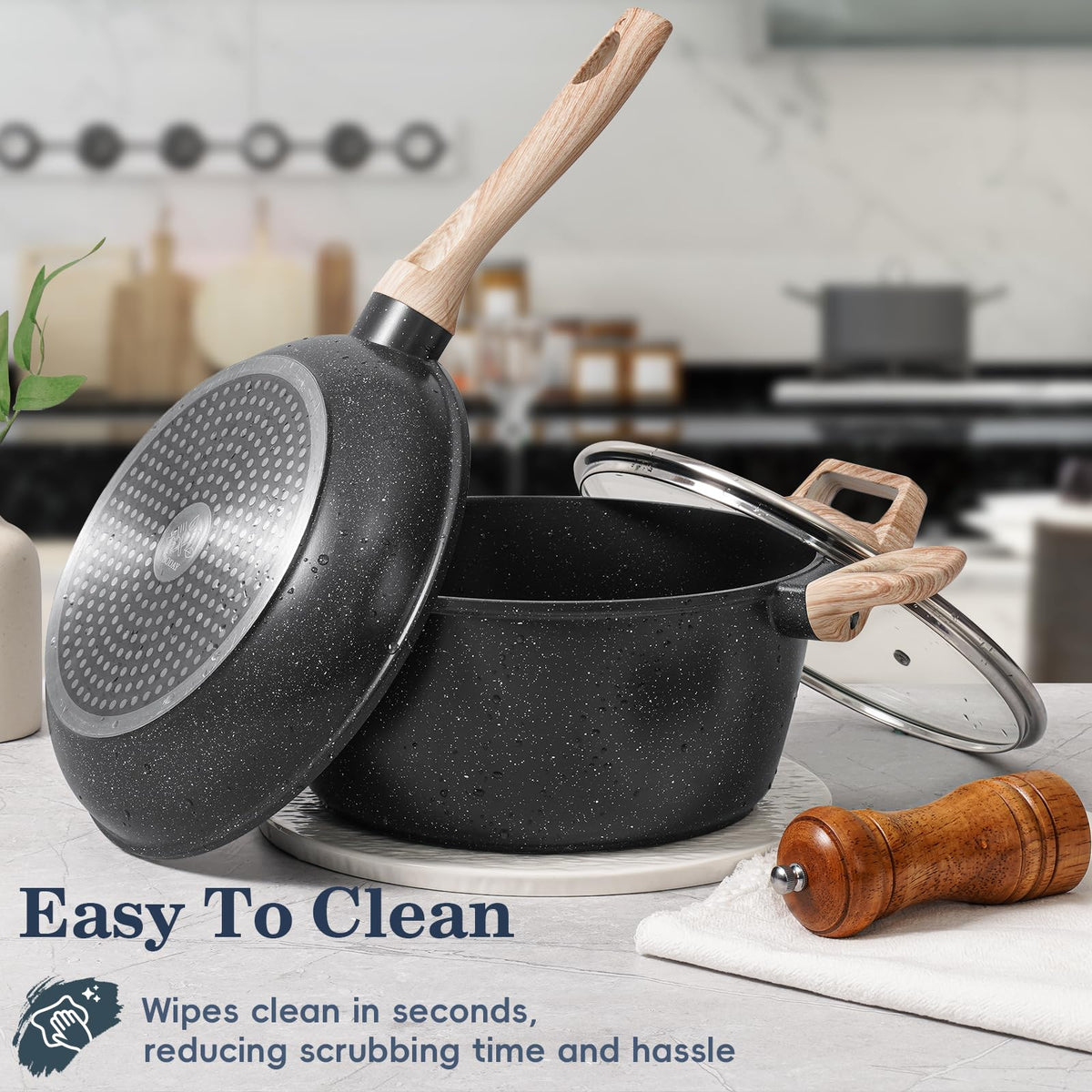 Non Stick 12Pcs Black Granite Induction Cookware I18880