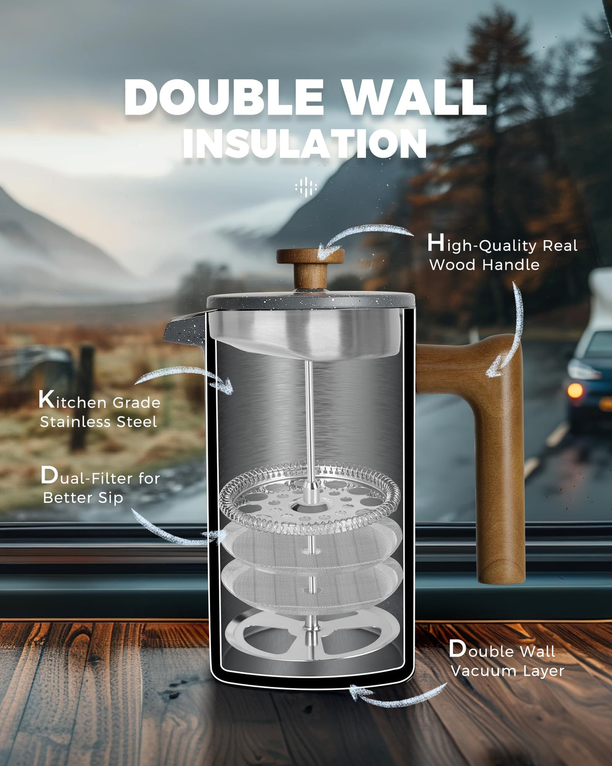 34 Ounce Double Wall Insulation French Press Coffee Maker C286