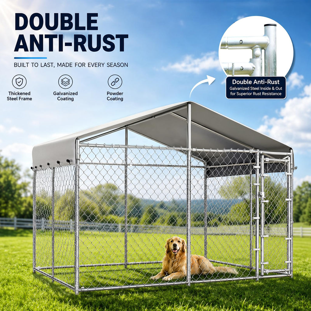 10x10ft Extra Large Heavy-Duty Chain-Link Dog Kennel with Roof O2237