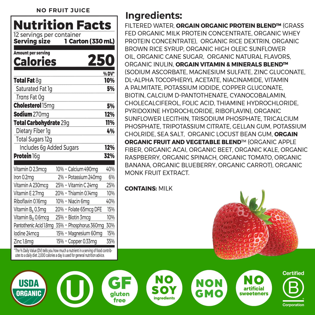 Organic Grass Fed Protein Shake, Strawberry, 11oz, 12pk A954