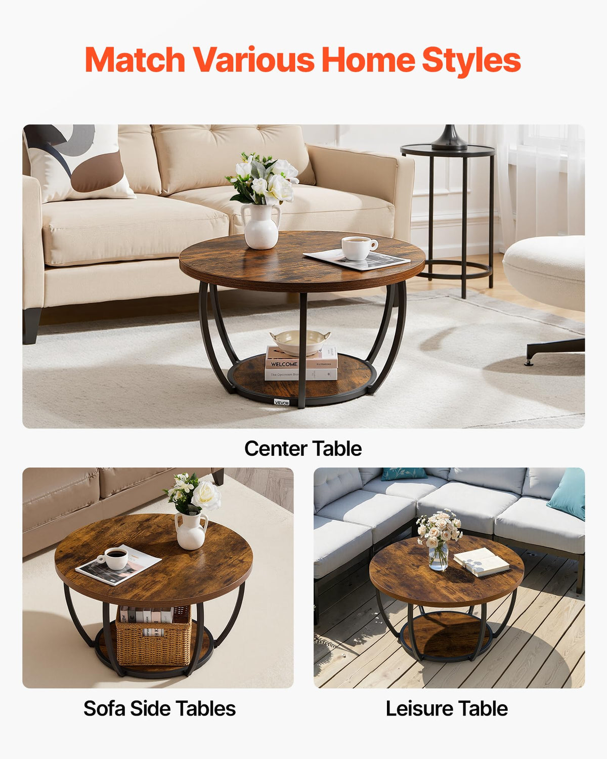 Round Coffee Table, 31.5" 2 Tiers Wooden with Metal Frame, Rustic Brown R817382
