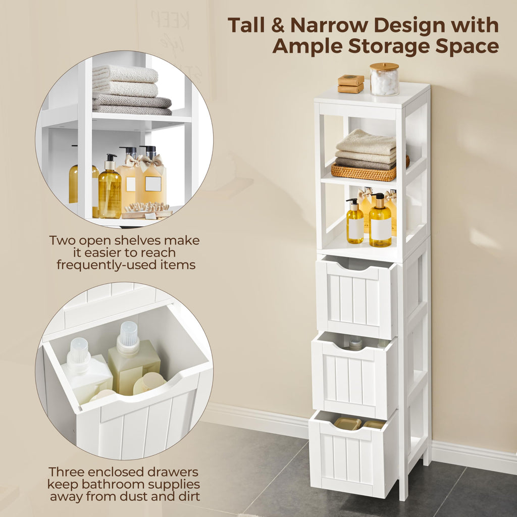 56" Tall Narrow White Bathroom Storage Cabinet with 3 Drawers J7739