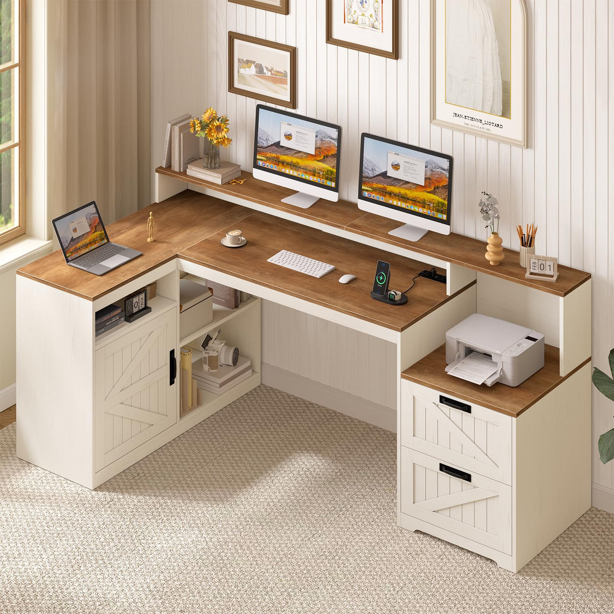 63" L Shaped Desk with Drawers and Printer Stand H698835