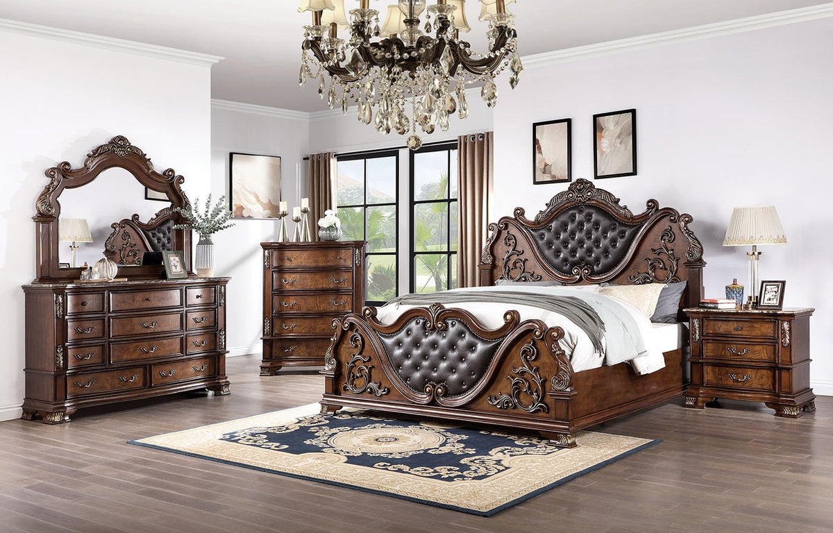 Brown Cherry California King Bed Frame with Tufted Leatherette Headboard C57129