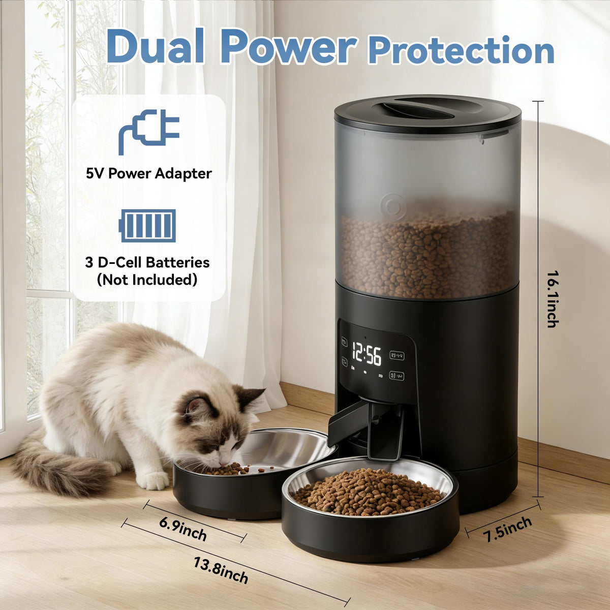 6L Automatic Cat Feeder with 2 Stainless Bowls Black N548950