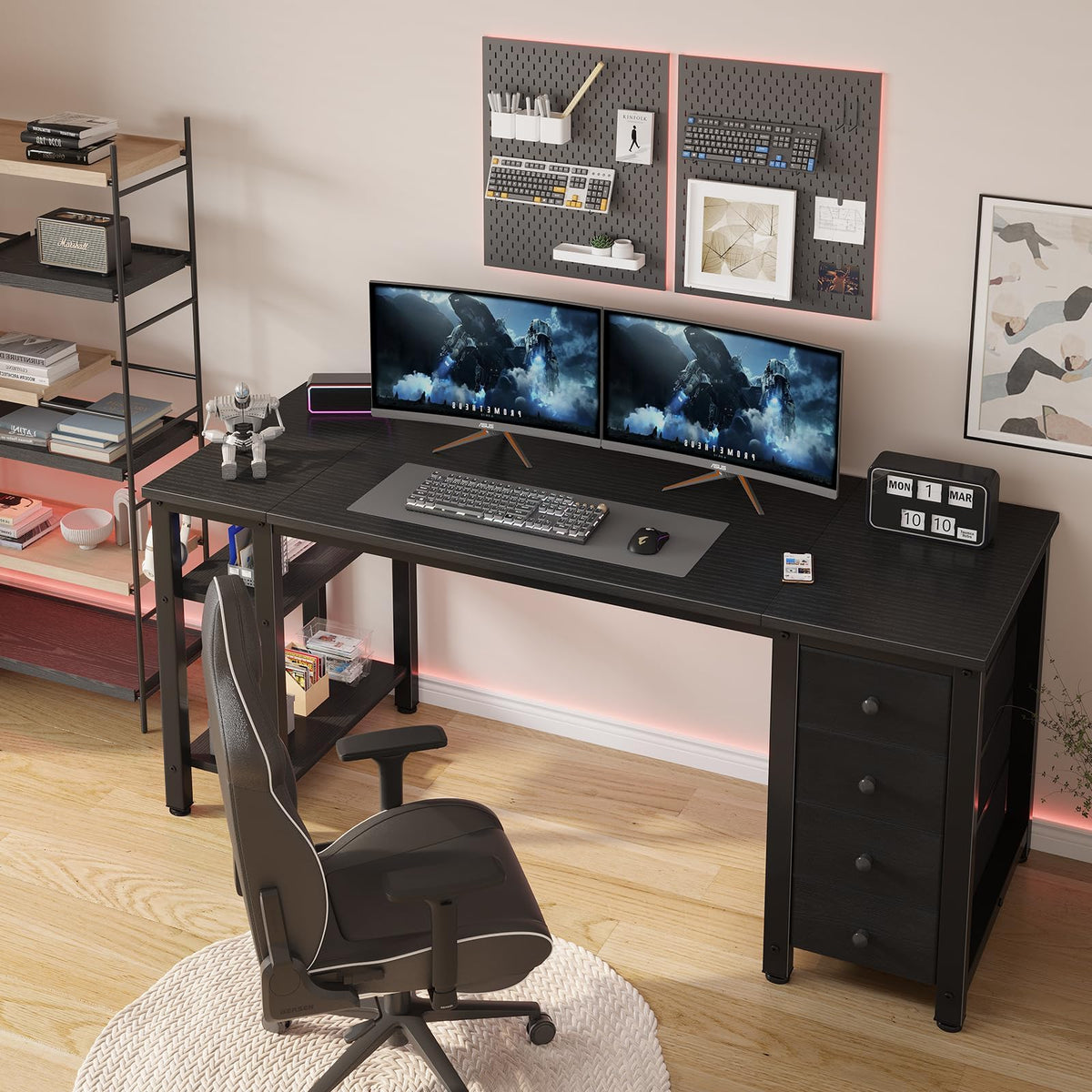 Black 55 inch Gaming Desk with 4 Drawers and Shelves B927