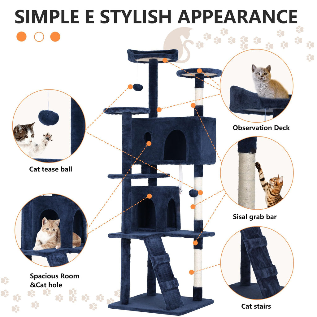 70 Inch Navy Blue Cat Tree Tower with Scratching Post B45005