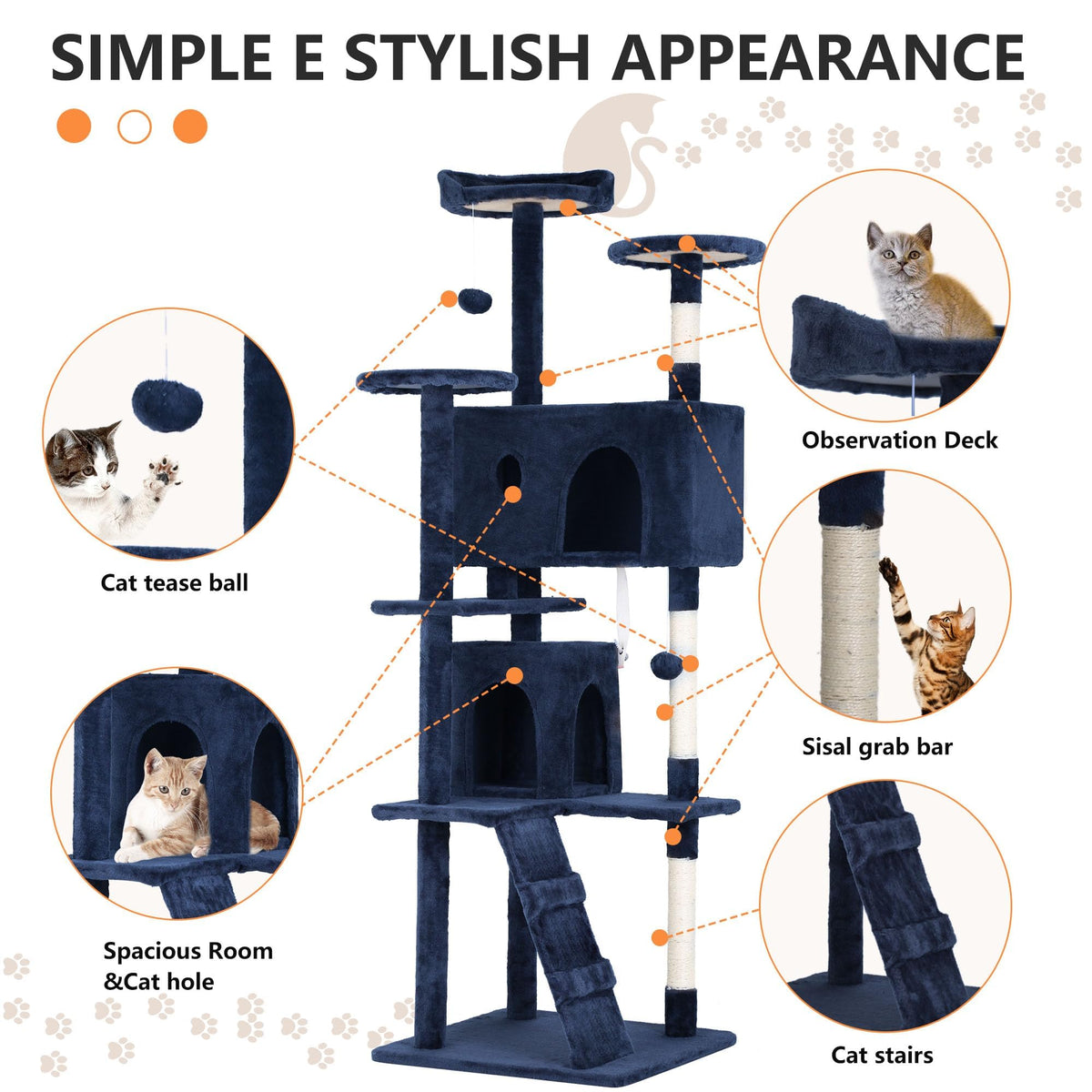 70 Inch Navy Blue Cat Tree Tower with Scratching Post B45005