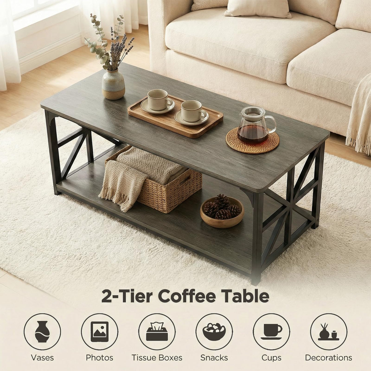2-Tier Rectangular Coffee Table with Wooden Top and Metal Frame D593887