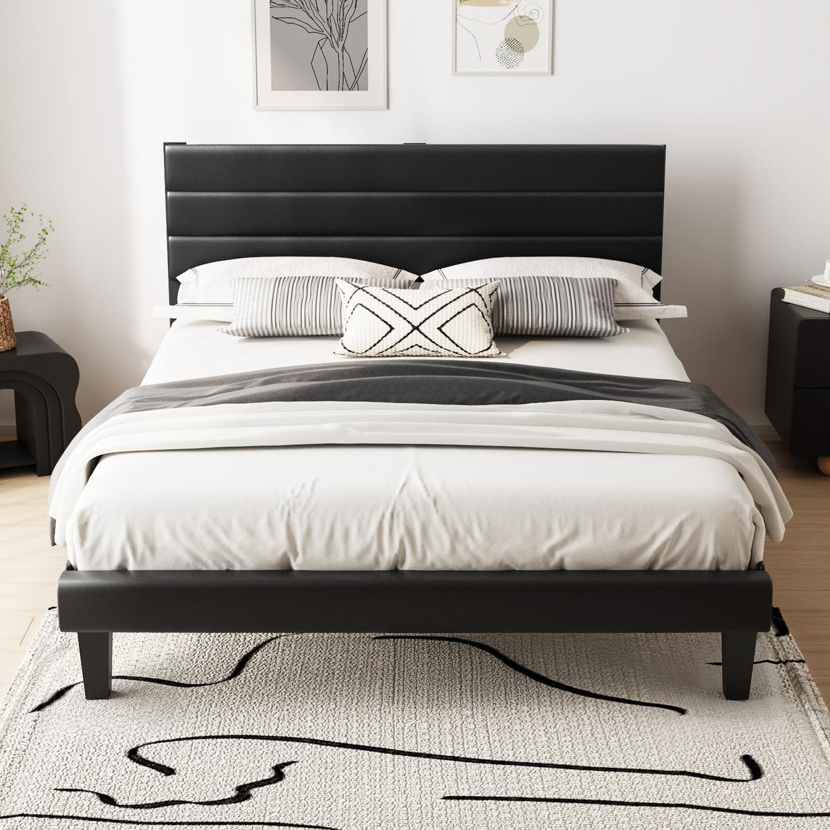 Full Faux Leather Upholstered Platform Bed Frame with Adjustable Headboard M29982