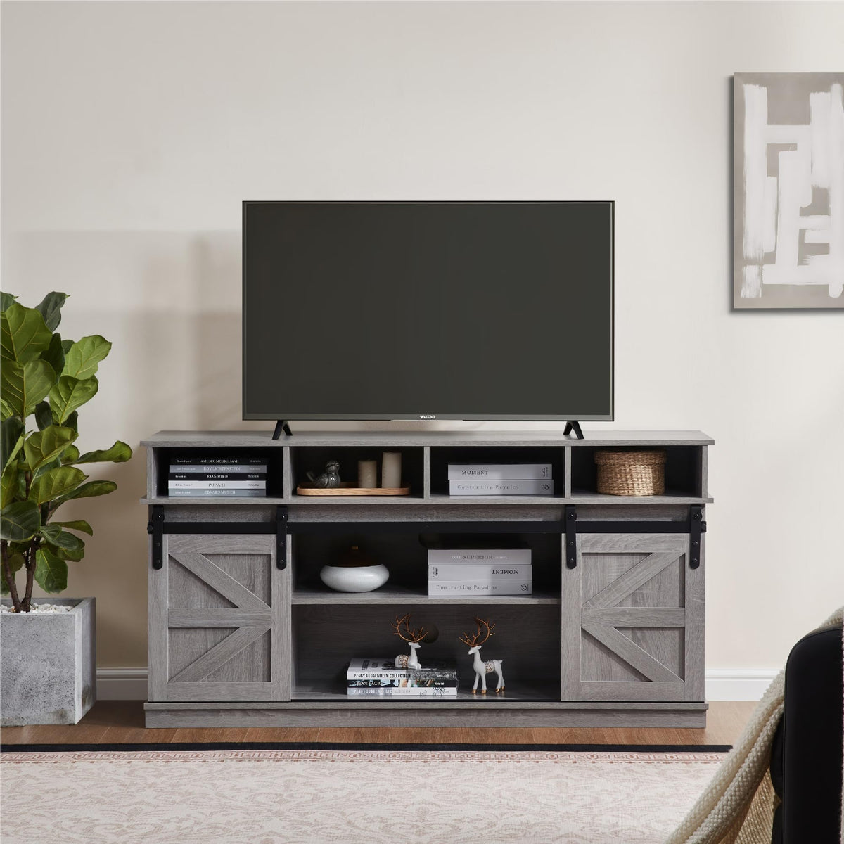 65" Grey Farmhouse TV Stand with Sliding Doors F524