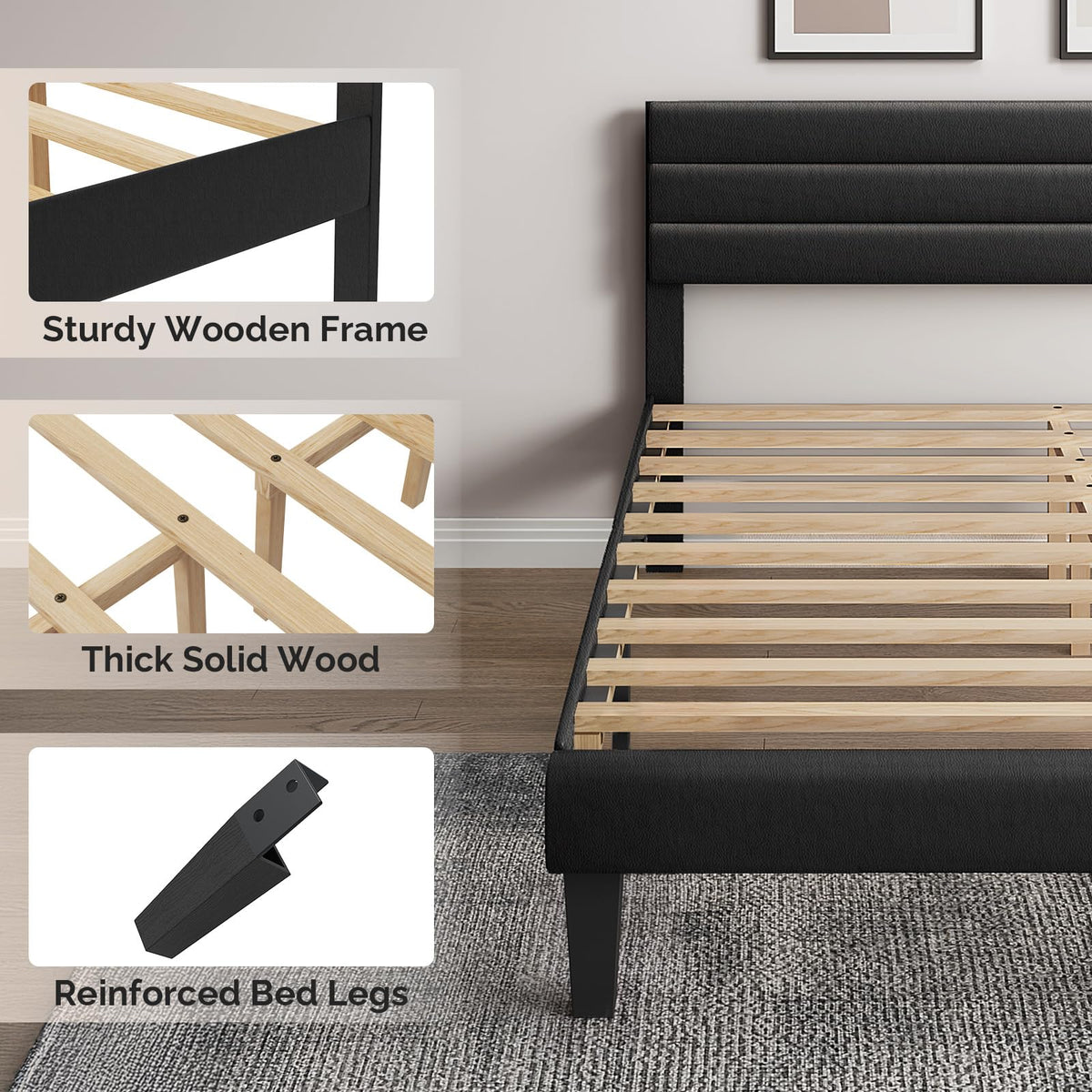 Full Faux Leather Upholstered Platform Bed Frame with Adjustable Headboard M29982