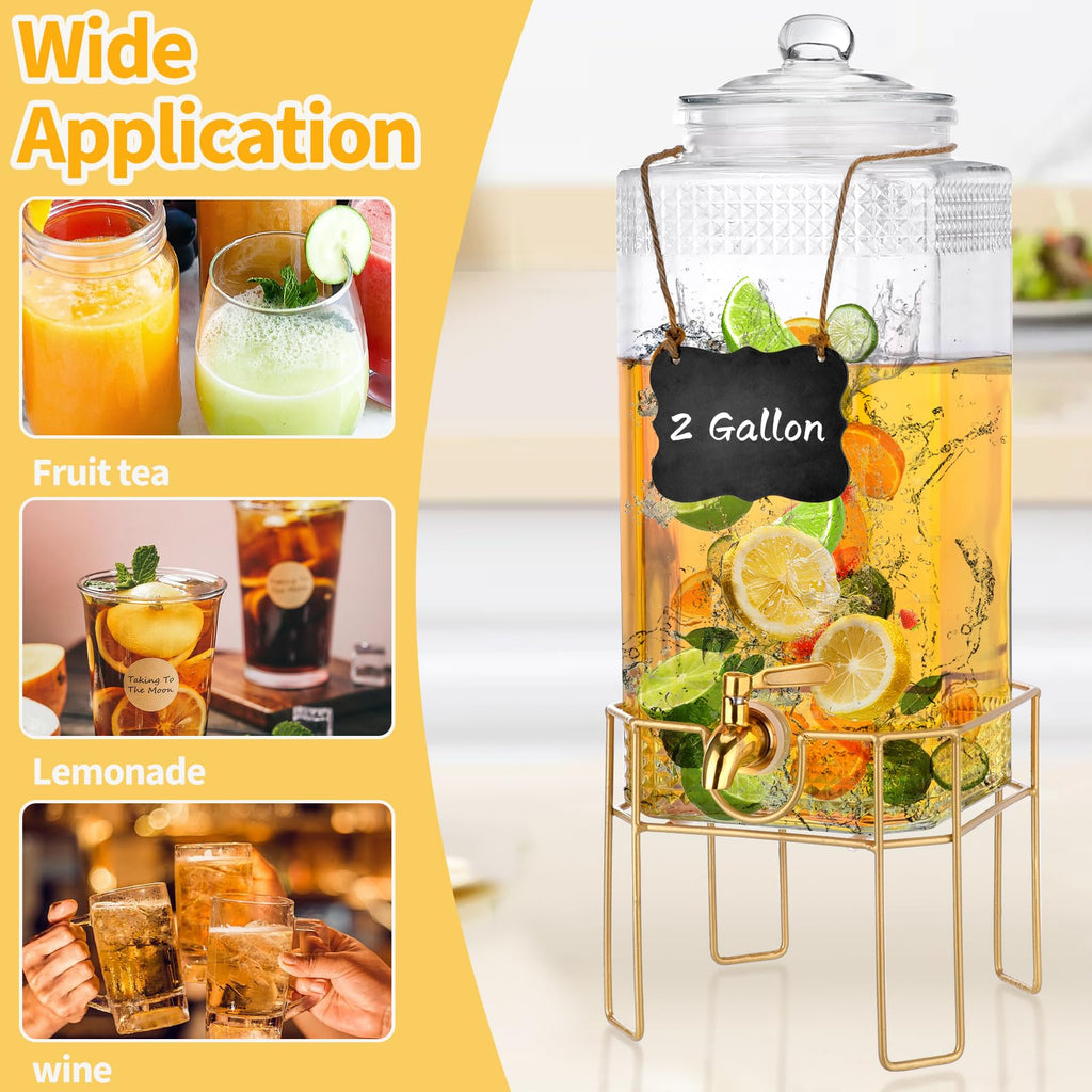 2 Gallon Drink Dispenser with Stand, Glass Lid and Stainless Steel Spigot X99936
