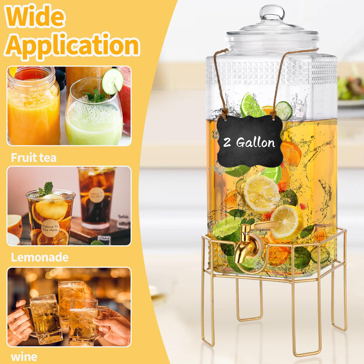 2 Gallon Drink Dispenser with Stand, Glass Lid and Stainless Steel Spigot X99936