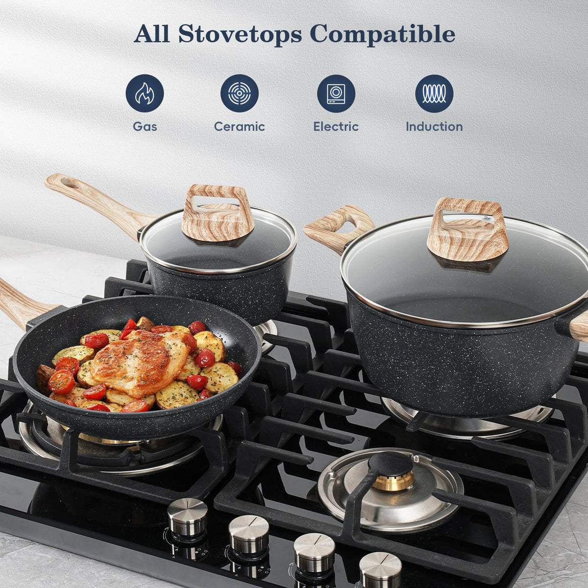 Non Stick 12Pcs Black Granite Induction Cookware I18880