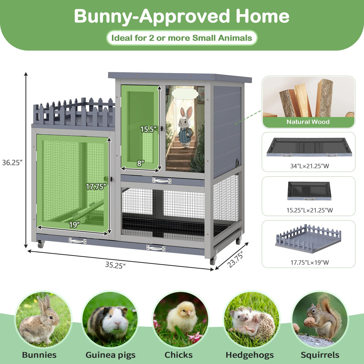 Wood Rabbit Hutch with Balcony on Wheels J235021