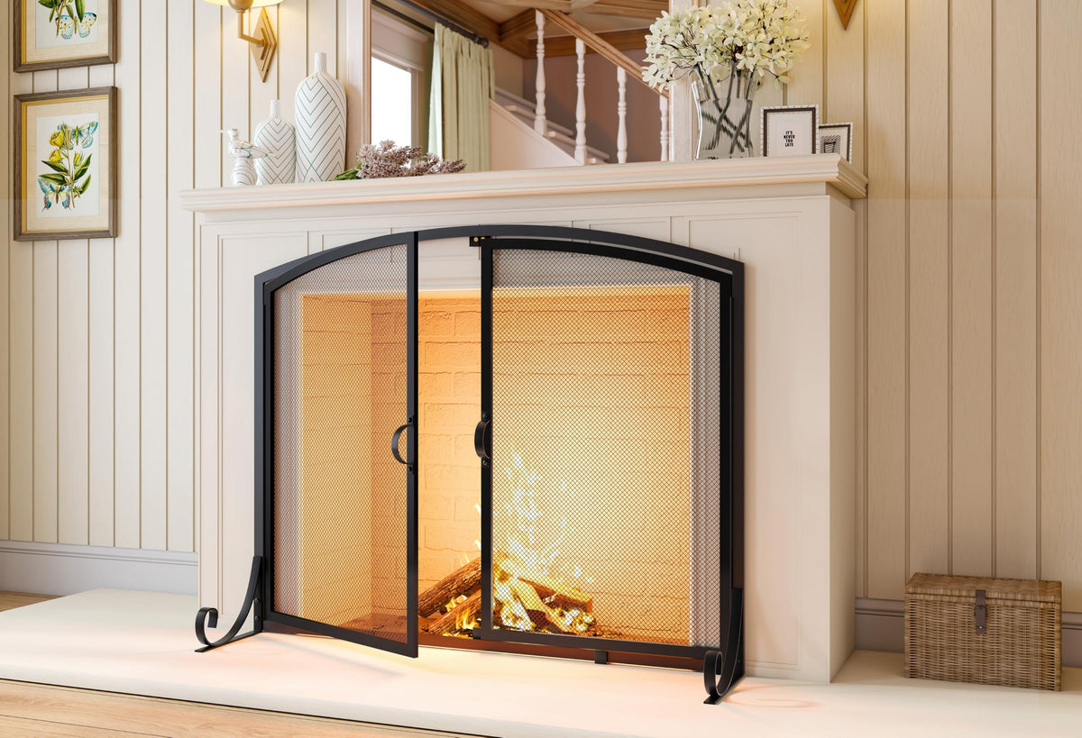 Black Steel Fireplace Screen with Doors E236
