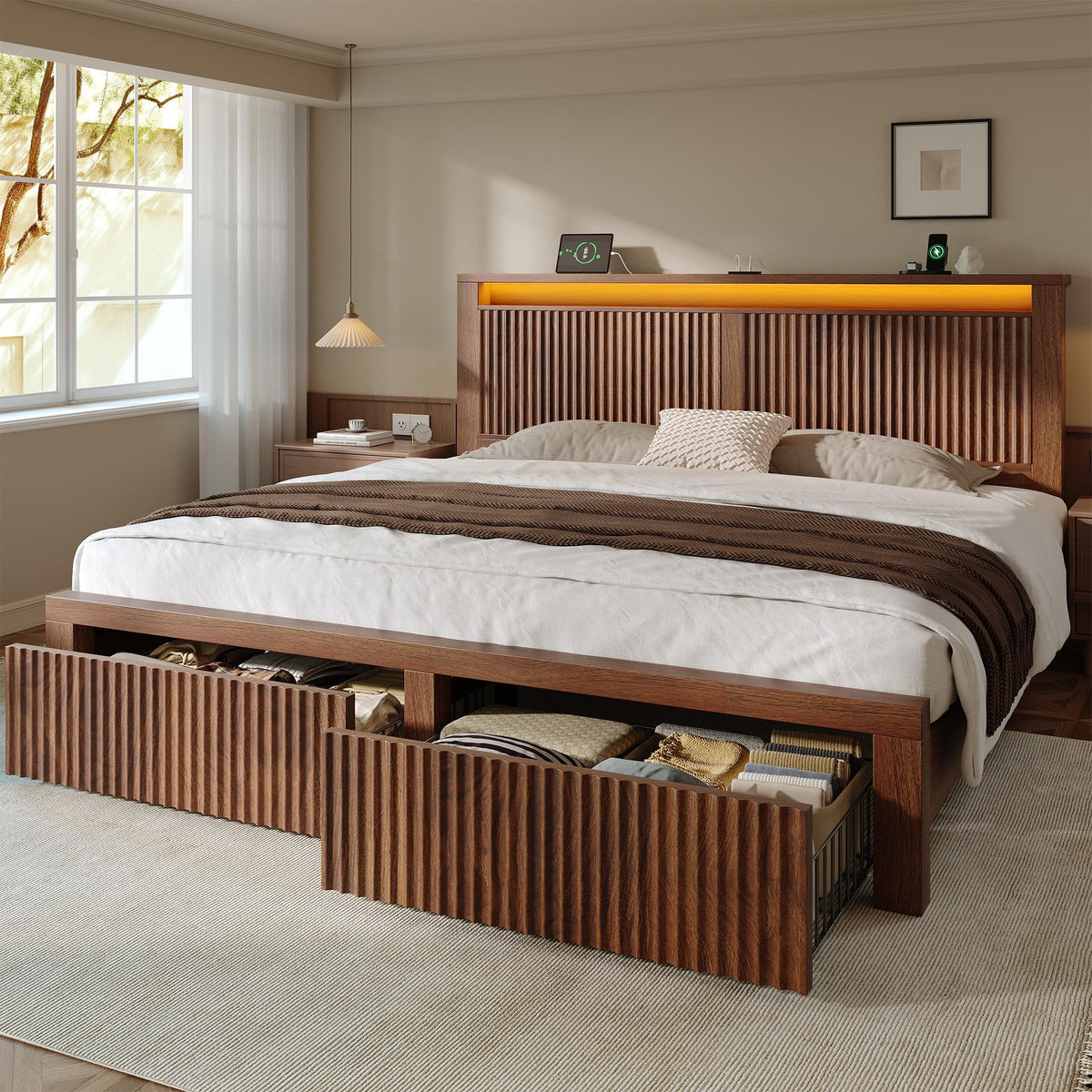 King Bed Frame with 2 Drawers and Storage Headboard D14430