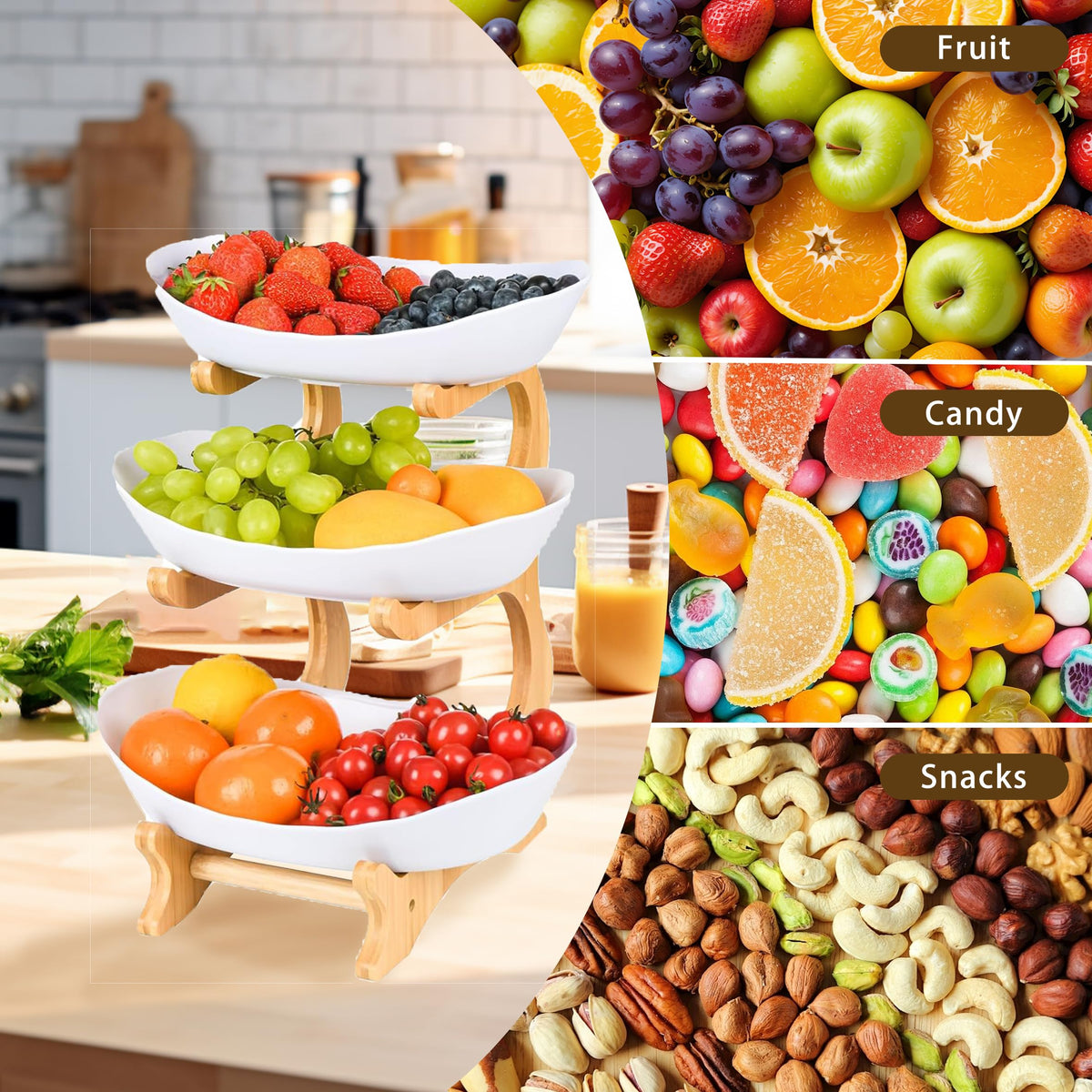 3 Tier Plastic Fruit Bowl with Bamboo Stand X2714