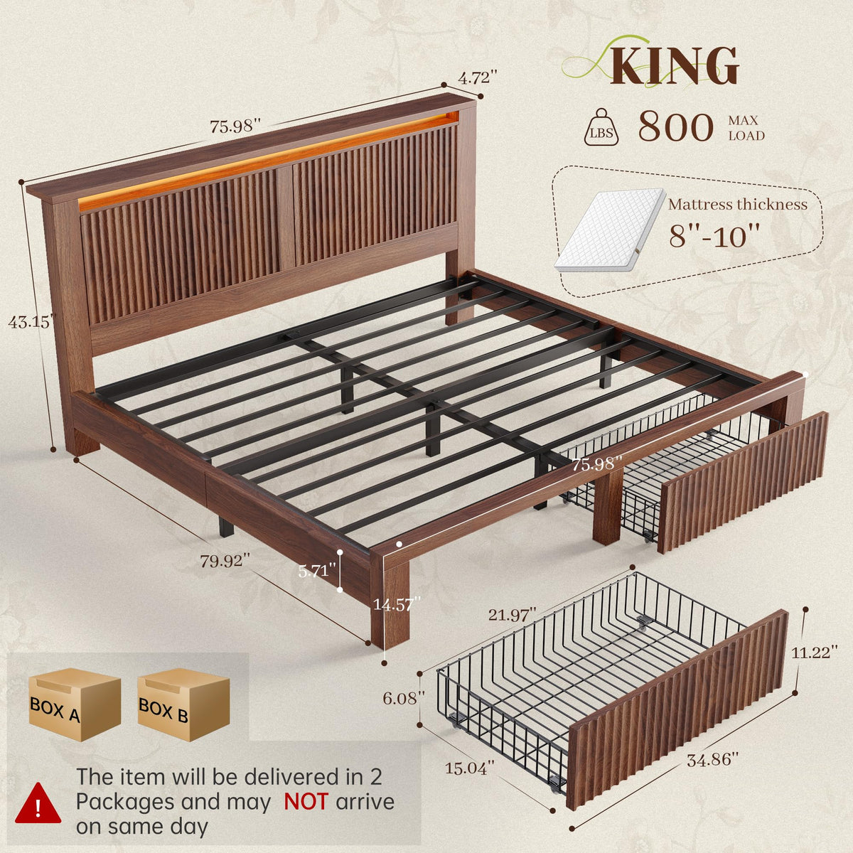 King Bed Frame with 2 Drawers and Storage Headboard D14430